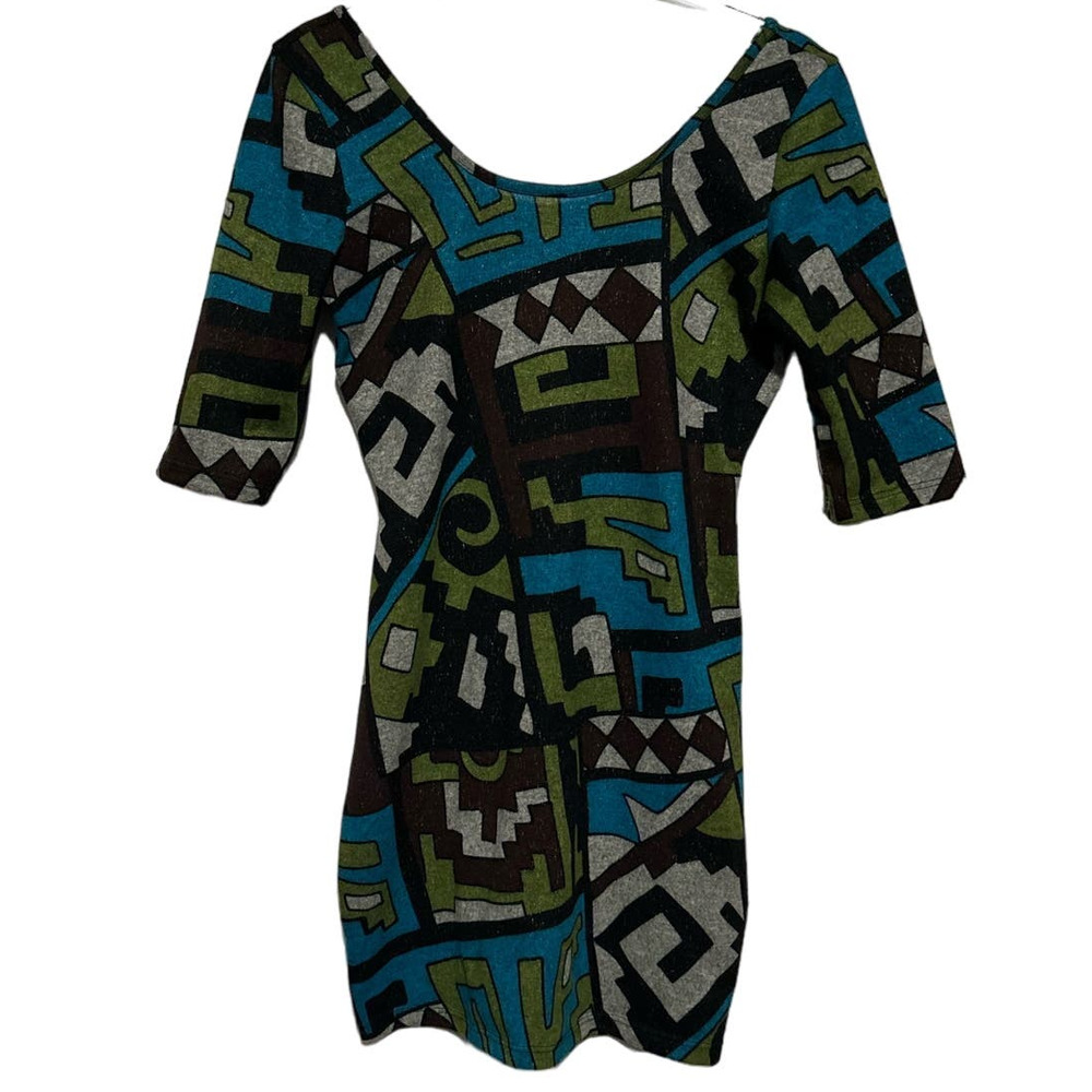 Snap‎ Women's Vintage Aqua Avocado Brown Black Short Sleeve Dress Size L